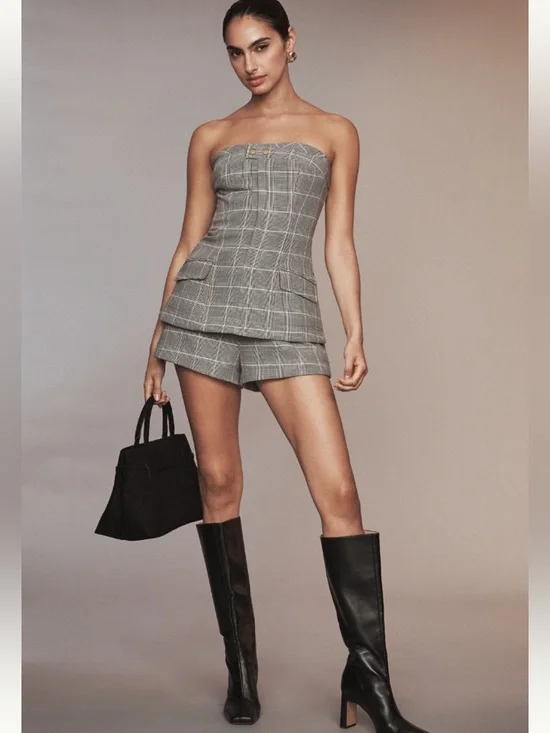 ANTHROPOLOGIE Maeve Strapless Plaid Romper Menswear NEW - Picture 1 of 10